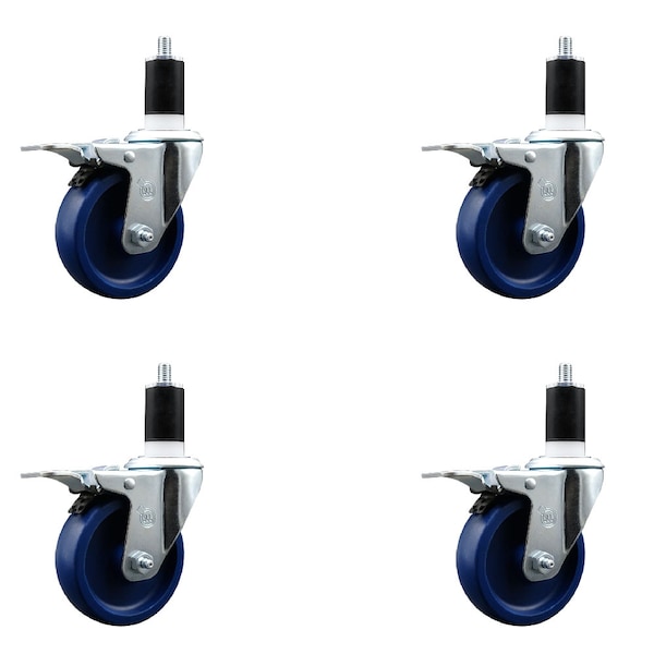 4'' SS Solid Poly Swivel 1-1/2'' Expanding Stem Caster Set Total Lock Brake, 4PK